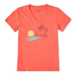 Life is Good Crusher V-Neck Tee Coral Orange Beach Palm Tree Graphic Medium